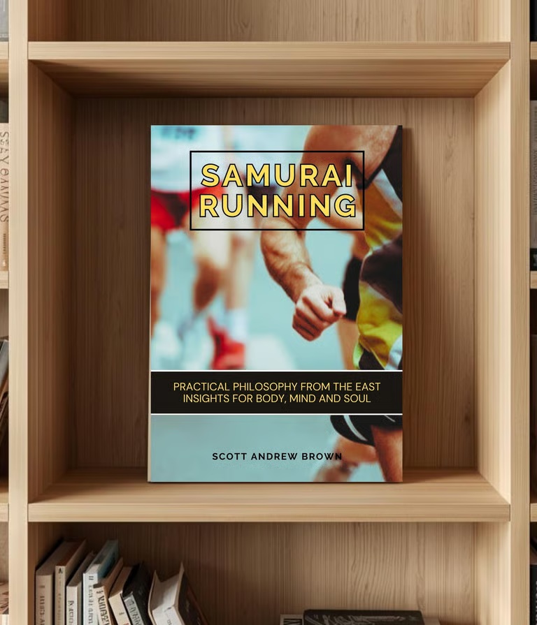 The Samurai Running book displayed on a wooden bookshelf